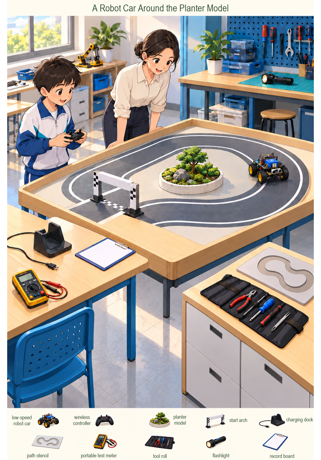 A Robot Car Around the Planter Model – full-color hidden picture puzzle with 10 objects to find