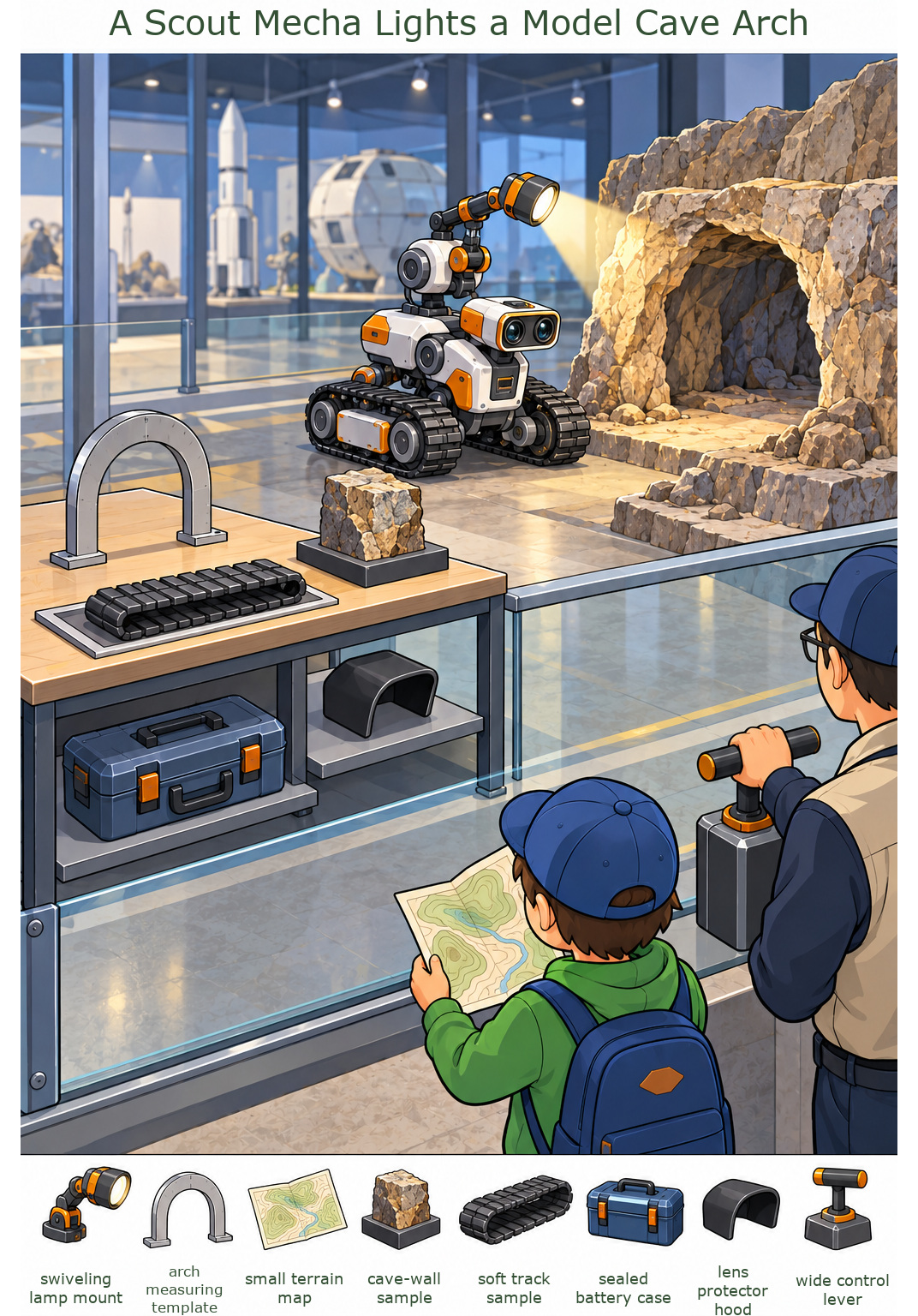 A Scout Mecha Lights a Model Cave Arch – full-color hidden picture puzzle with 8 objects to find