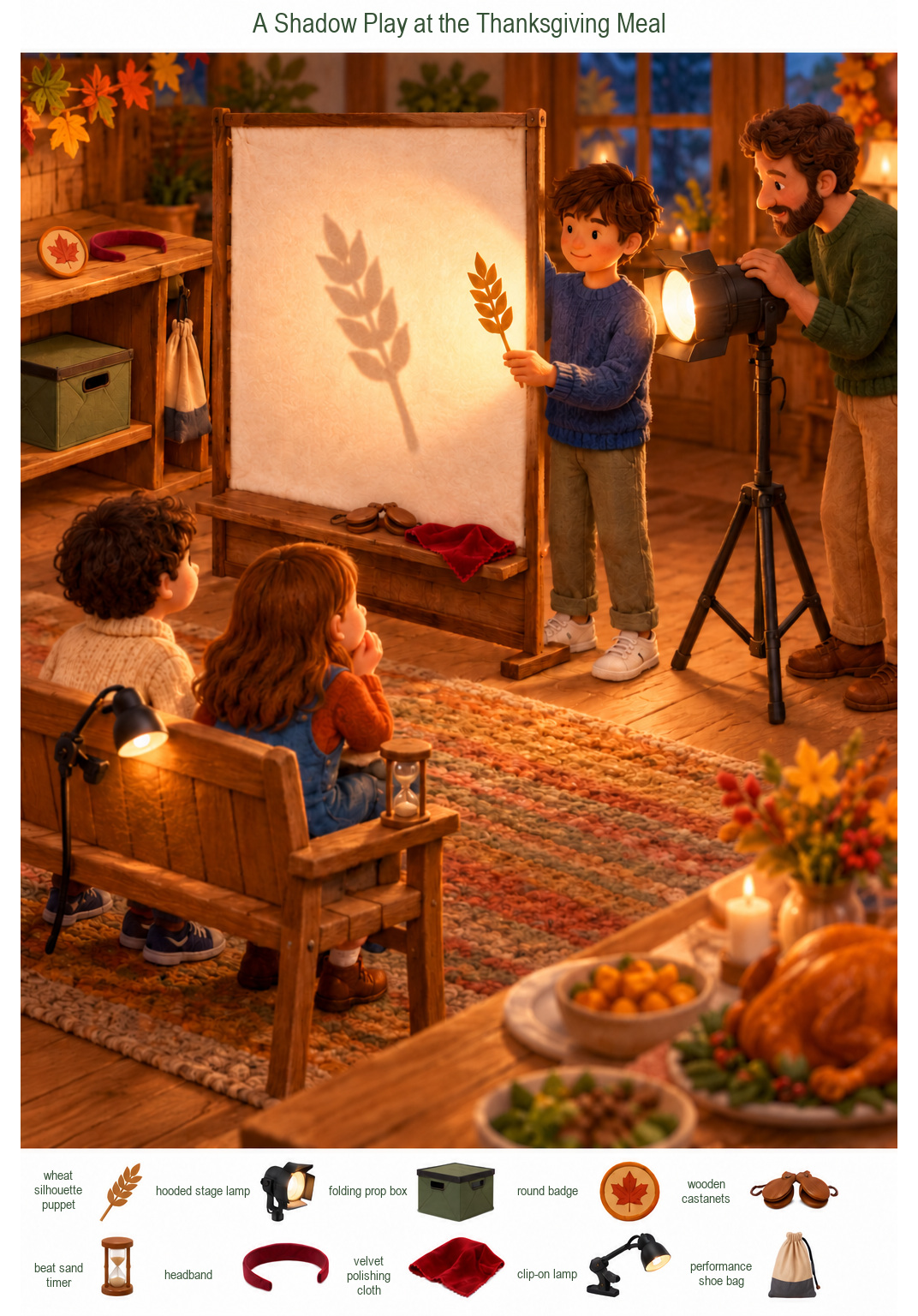 A Shadow Play at the Thanksgiving Meal – full-color hidden picture puzzle with 10 objects to find