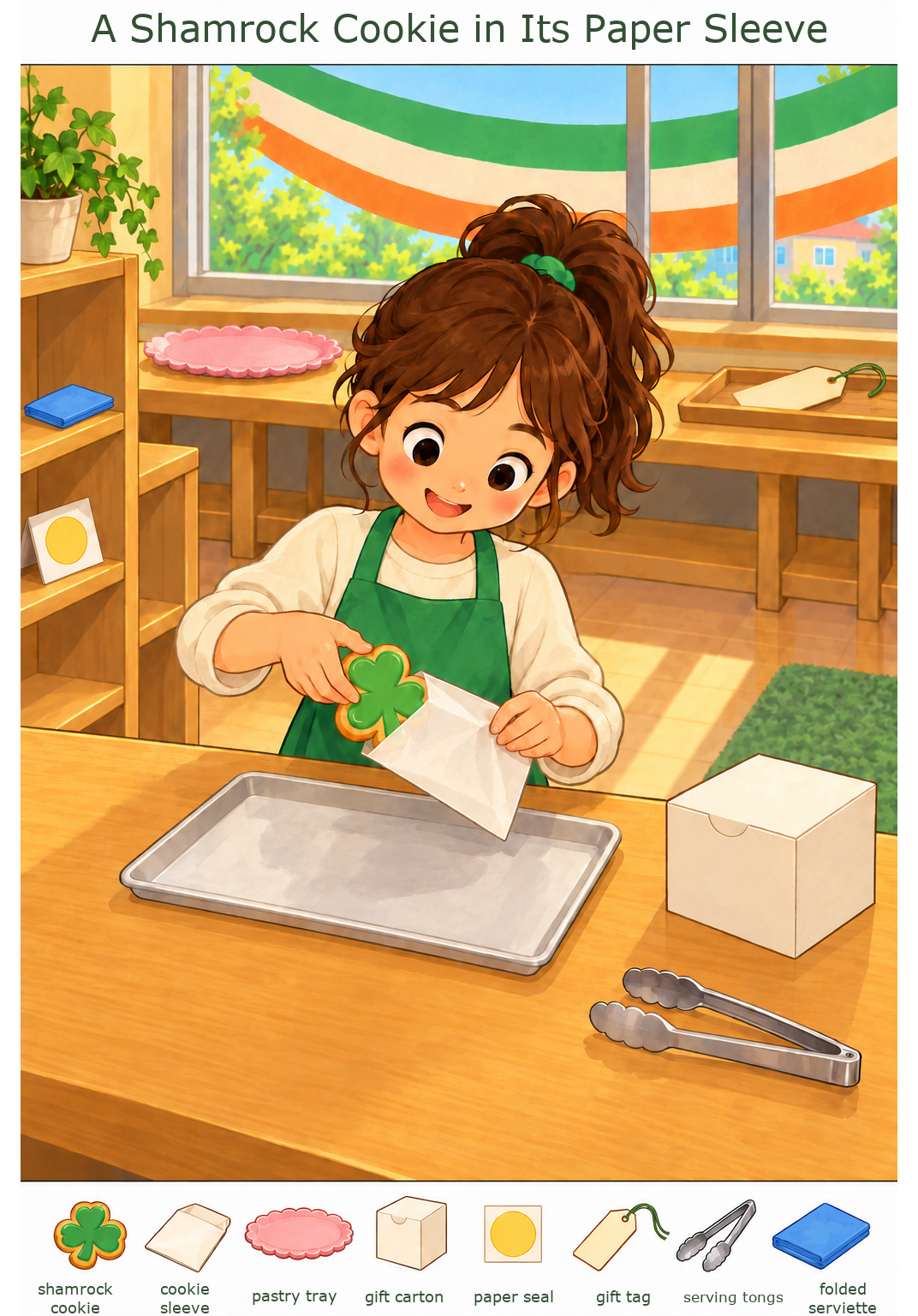 A Shamrock Cookie in Its Paper Sleeve – full-color hidden picture puzzle with 8 objects to find