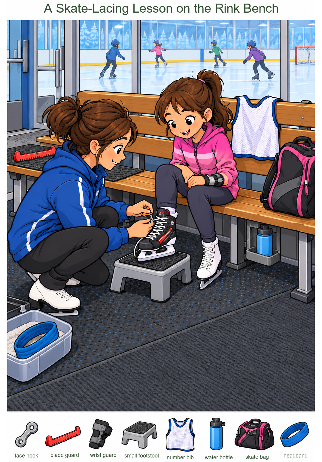 A Skate-Lacing Lesson on the Rink Bench – full-color hidden picture puzzle with 8 objects to find