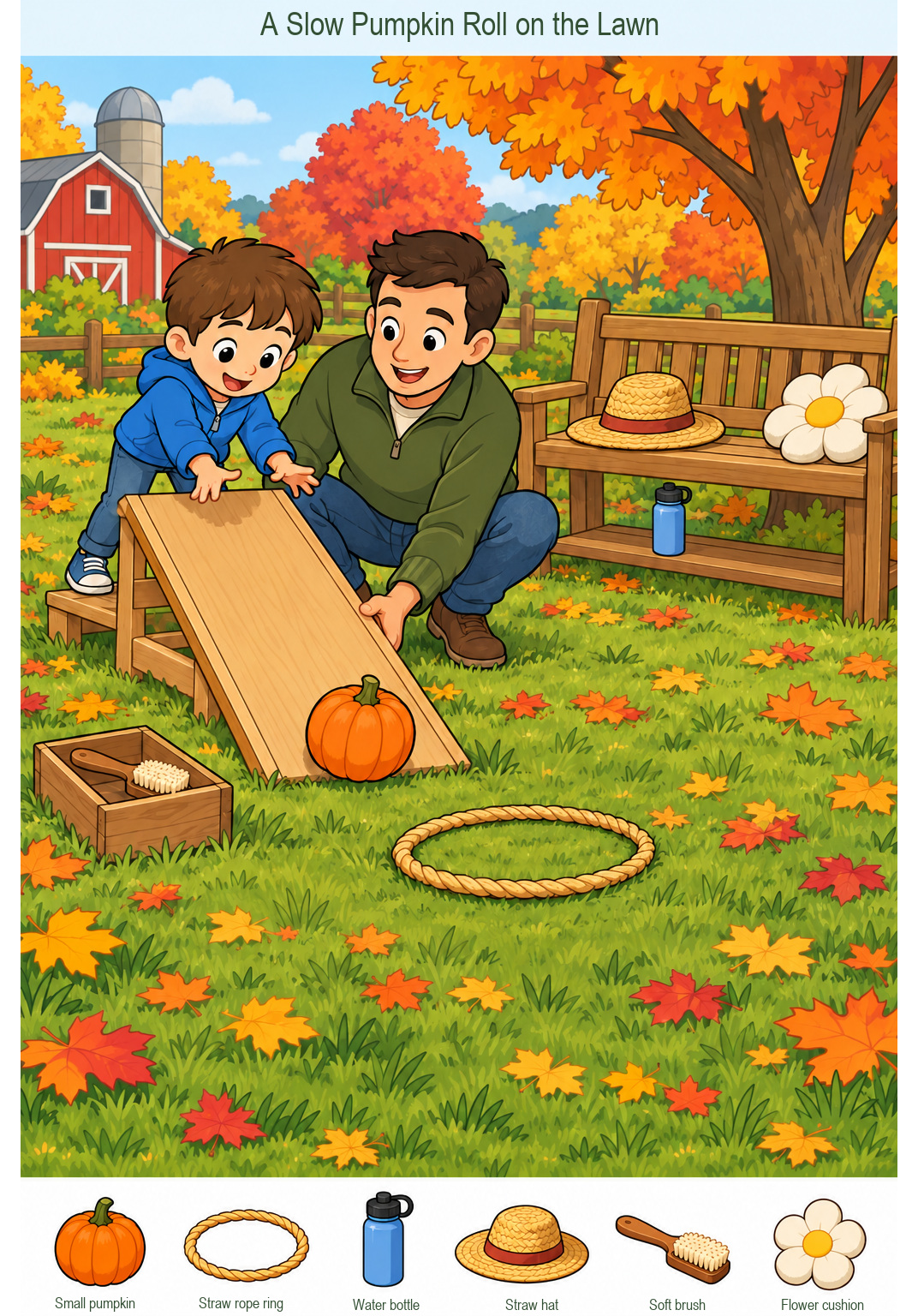 A Slow Pumpkin Roll on the Lawn – full-color hidden picture puzzle with 6 objects to find