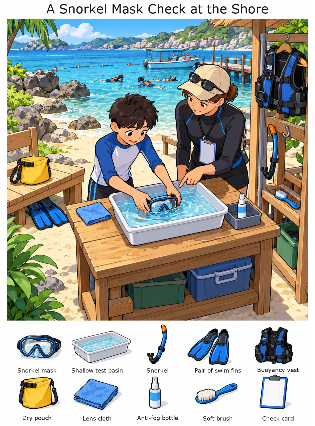 A Snorkel Mask Check at the Shore – full-color hidden picture puzzle with 10 objects to find