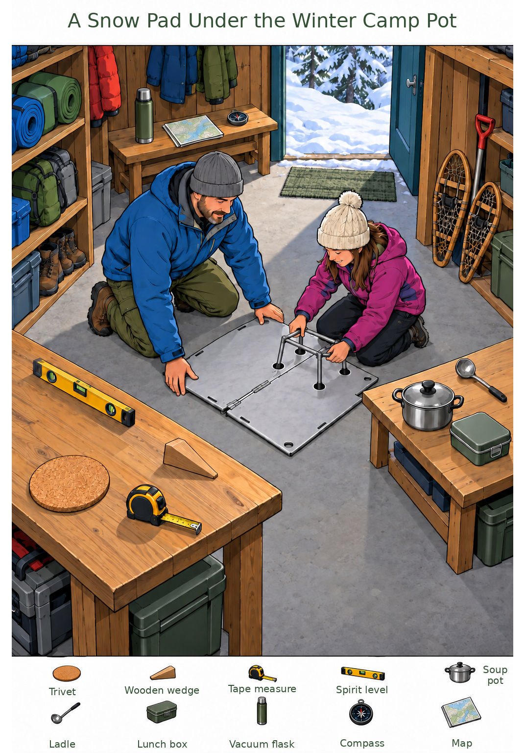 A Snow Pad Under the Winter Camp Pot – full-color hidden picture puzzle with 10 objects to find