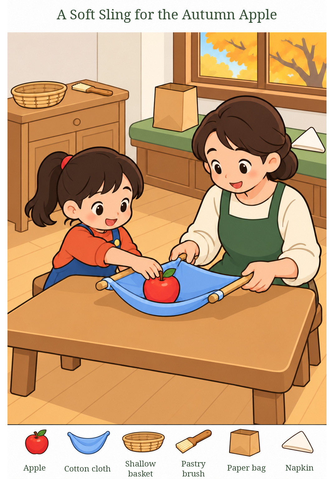 A Soft Sling for the Autumn Apple – full-color hidden picture puzzle with 6 objects to find