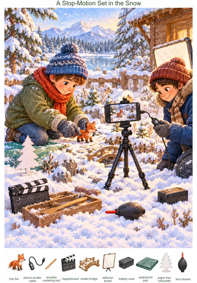 A Stop-Motion Set in the Snow colorful hidden picture puzzle preview