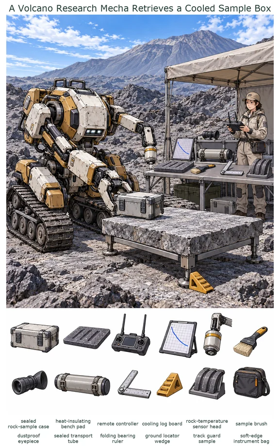 A Volcano Research Mecha Retrieves a Cooled Sample Box colorful hidden picture puzzle preview