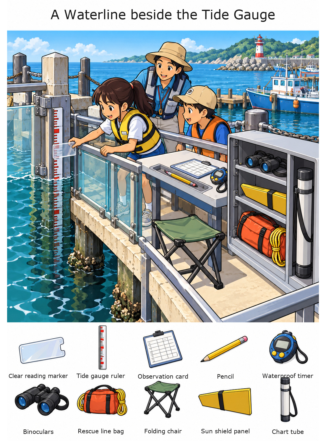 A Waterline beside the Tide Gauge – full-color hidden picture puzzle with 10 objects to find