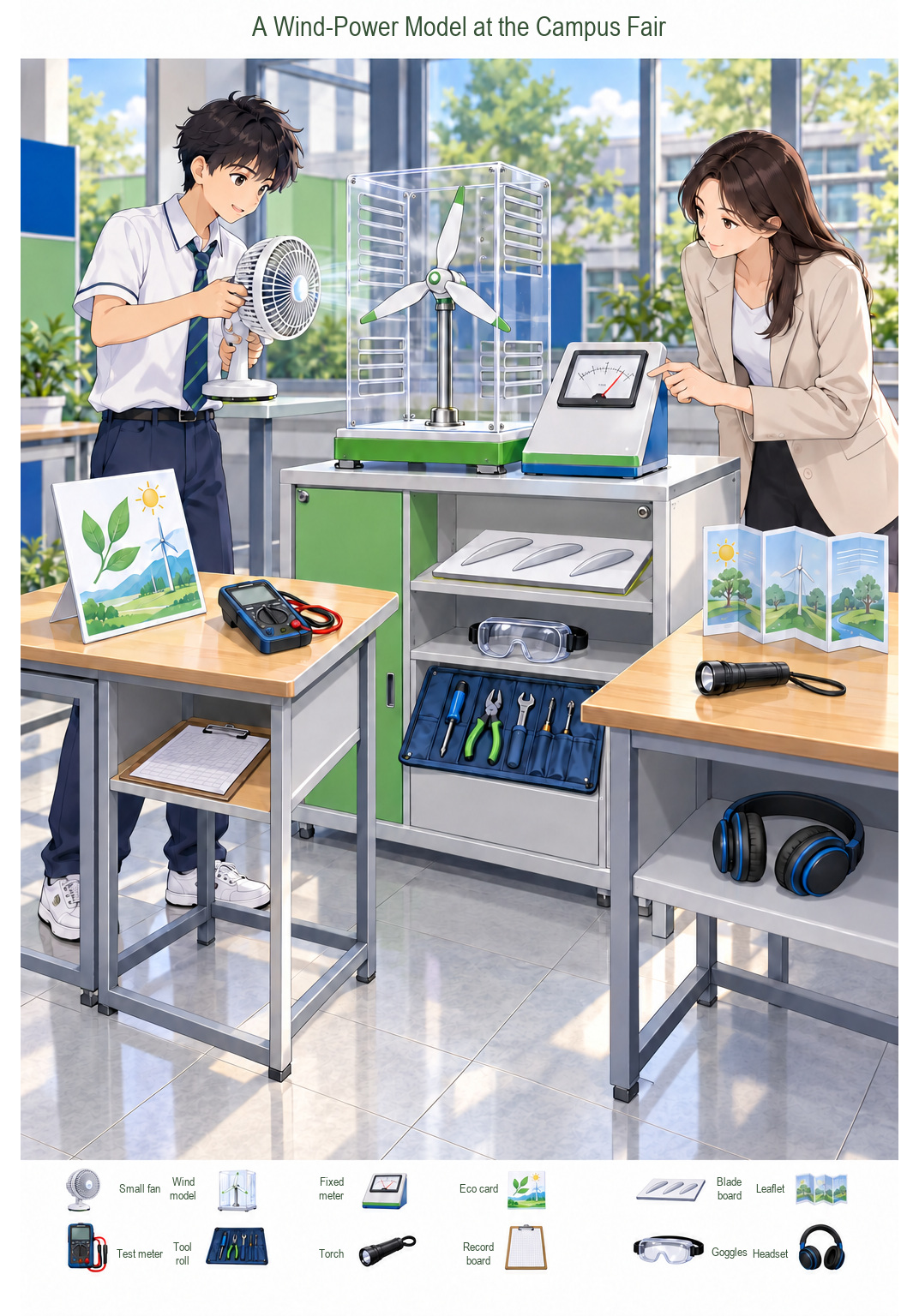 A Wind-Power Model at the Campus Fair – full-color hidden picture puzzle with 12 objects to find