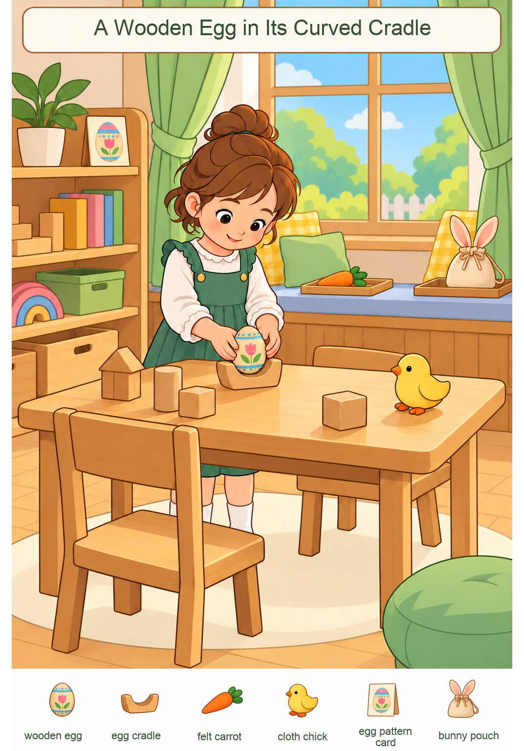 A Wooden Egg in Its Curved Cradle – full-color hidden picture puzzle with 6 objects to find