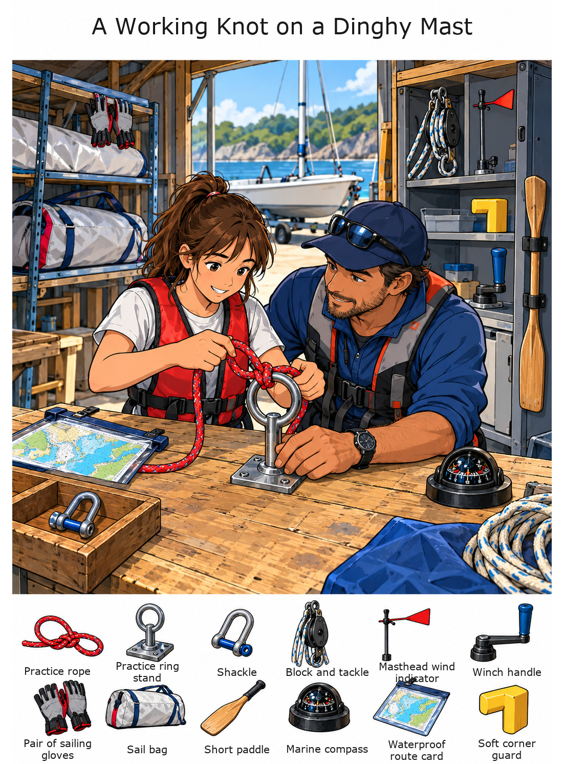 A Working Knot on a Dinghy Mast – full-color hidden picture puzzle with 12 objects to find