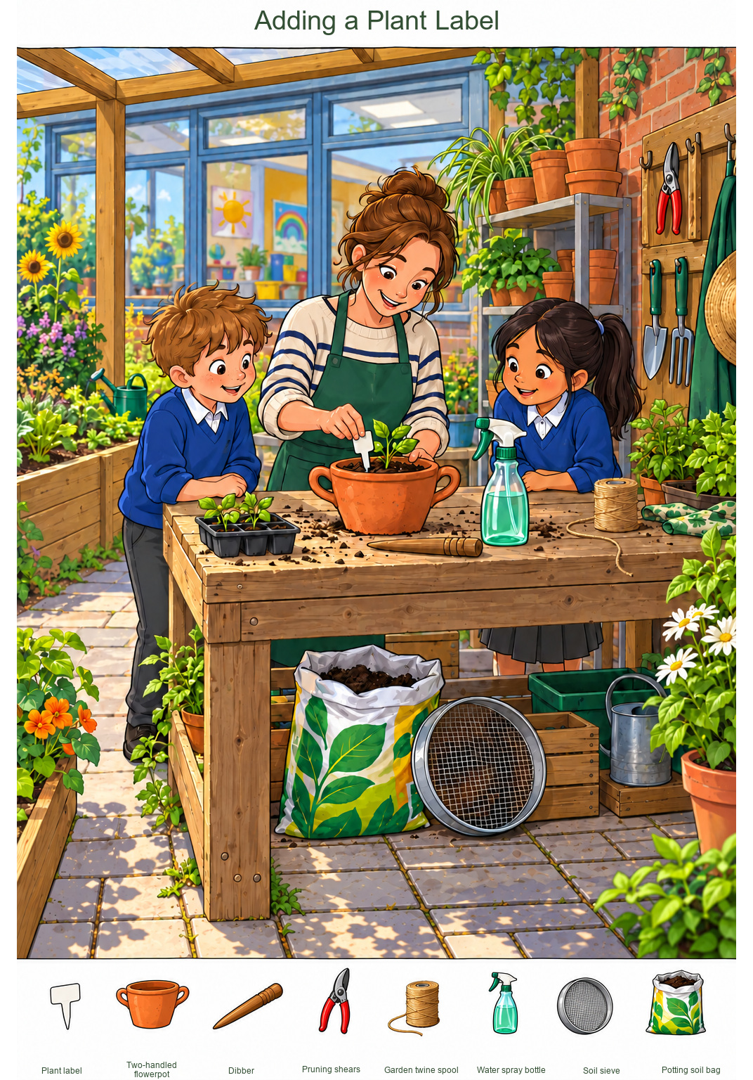 Adding a Plant Label – full-color hidden picture puzzle with 8 objects to find