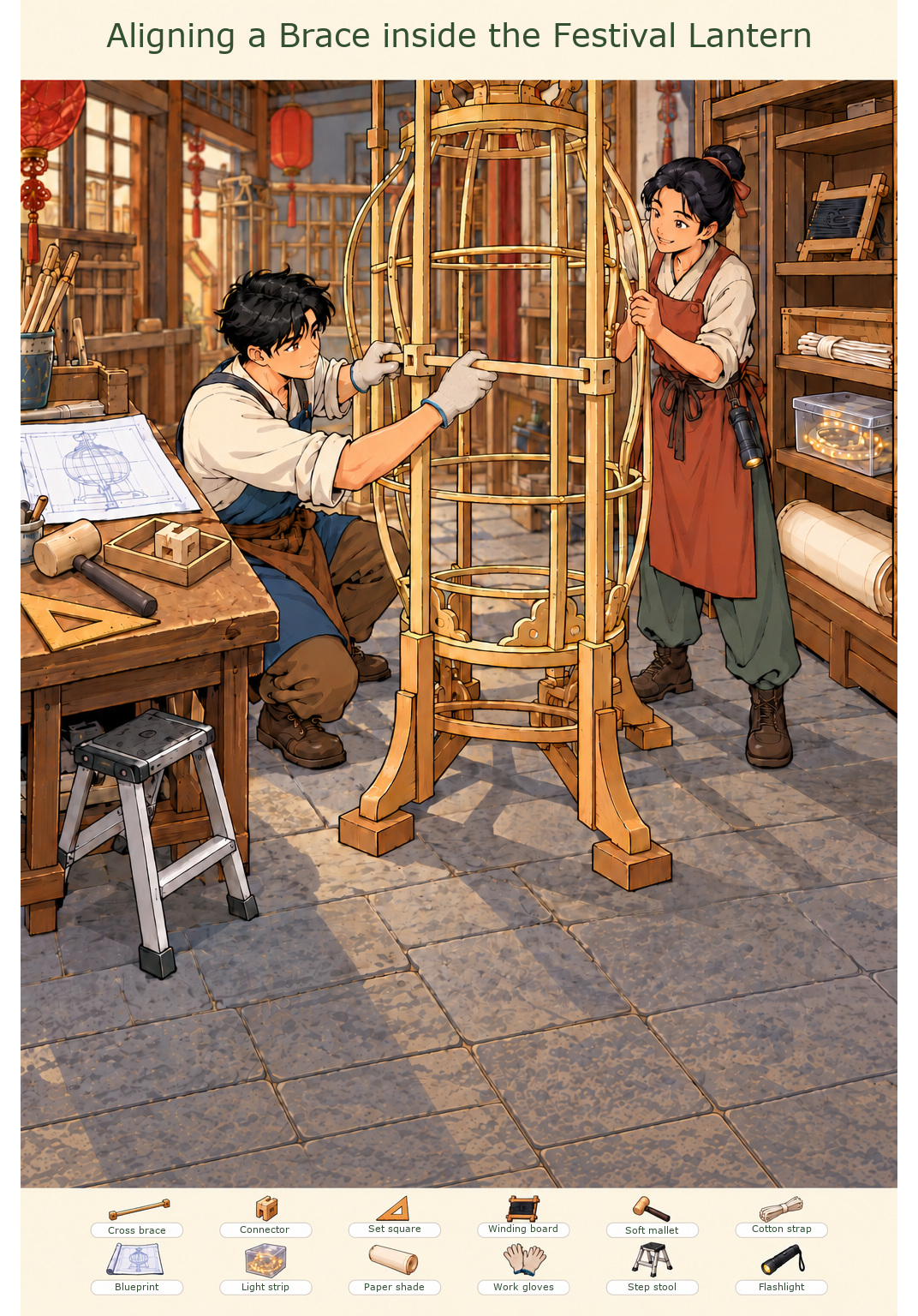 Aligning a Brace inside the Festival Lantern – full-color hidden picture puzzle with 12 objects to find