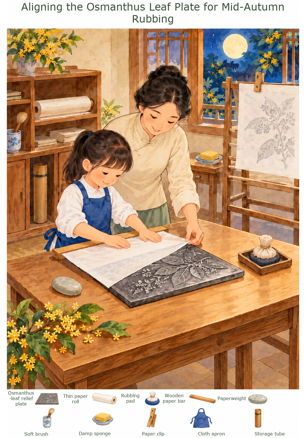 Aligning the Osmanthus Leaf Plate for Mid-Autumn Rubbing – full-color hidden picture puzzle with 10 objects to find