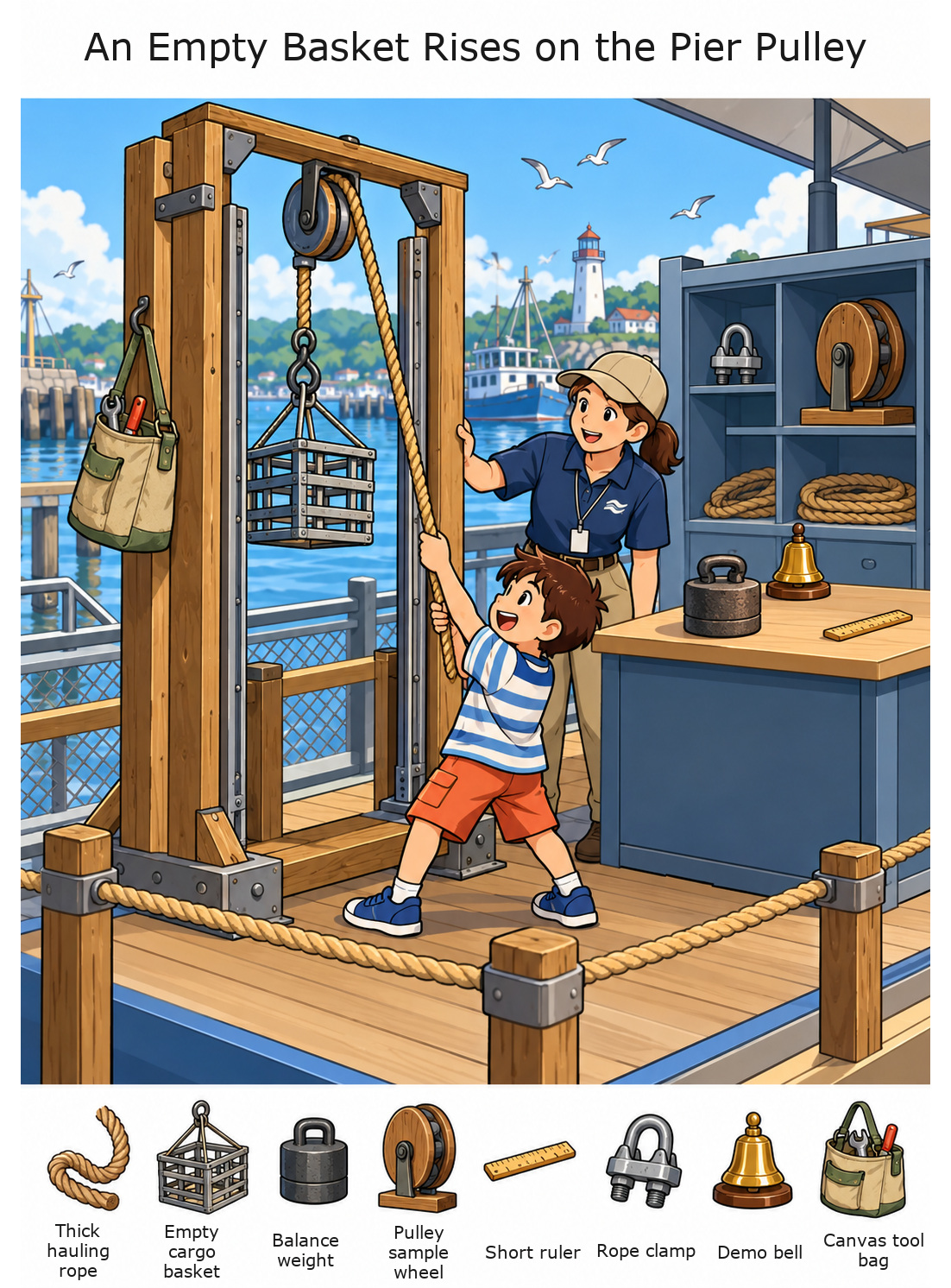 An Empty Basket Rises on the Pier Pulley – full-color hidden picture puzzle with 8 objects to find