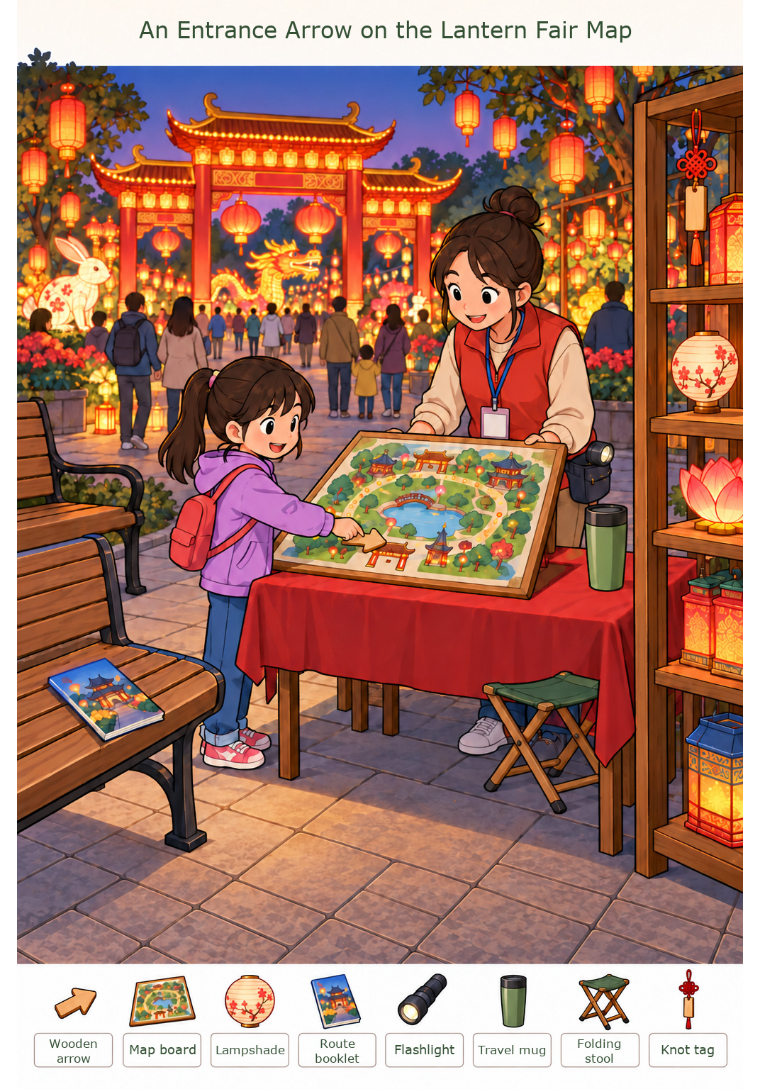 An Entrance Arrow on the Lantern Fair Map – full-color hidden picture puzzle with 8 objects to find