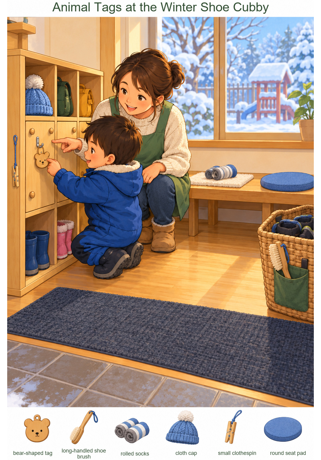 Animal Tags at the Winter Shoe Cubby – full-color hidden picture puzzle with 6 objects to find