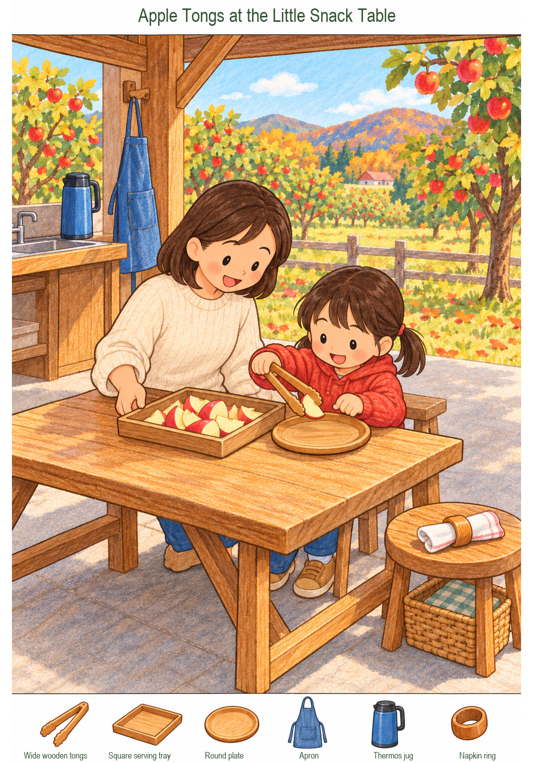 Apple Tongs at the Little Snack Table – full-color hidden picture puzzle with 6 objects to find