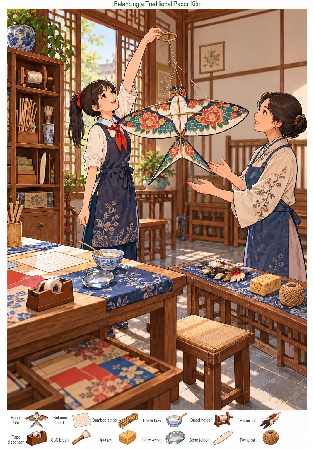 Balancing a Traditional Paper Kite – full-color hidden picture puzzle with 12 objects to find