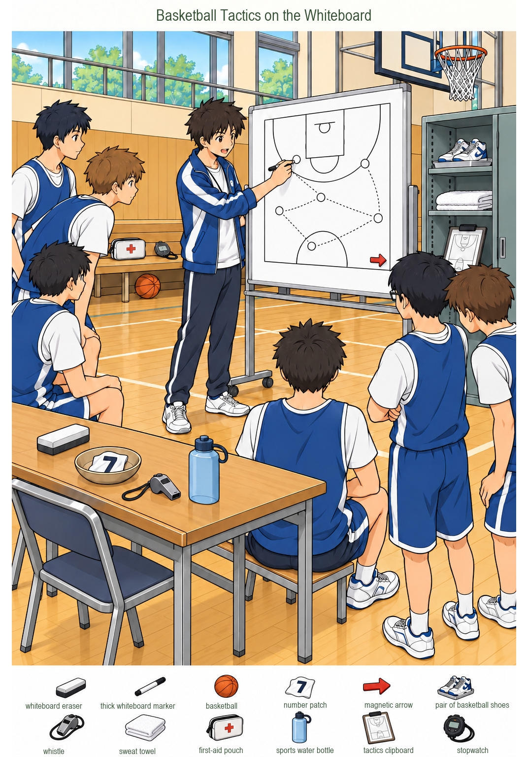 Basketball Tactics on the Whiteboard – full-color hidden picture puzzle with 12 objects to find