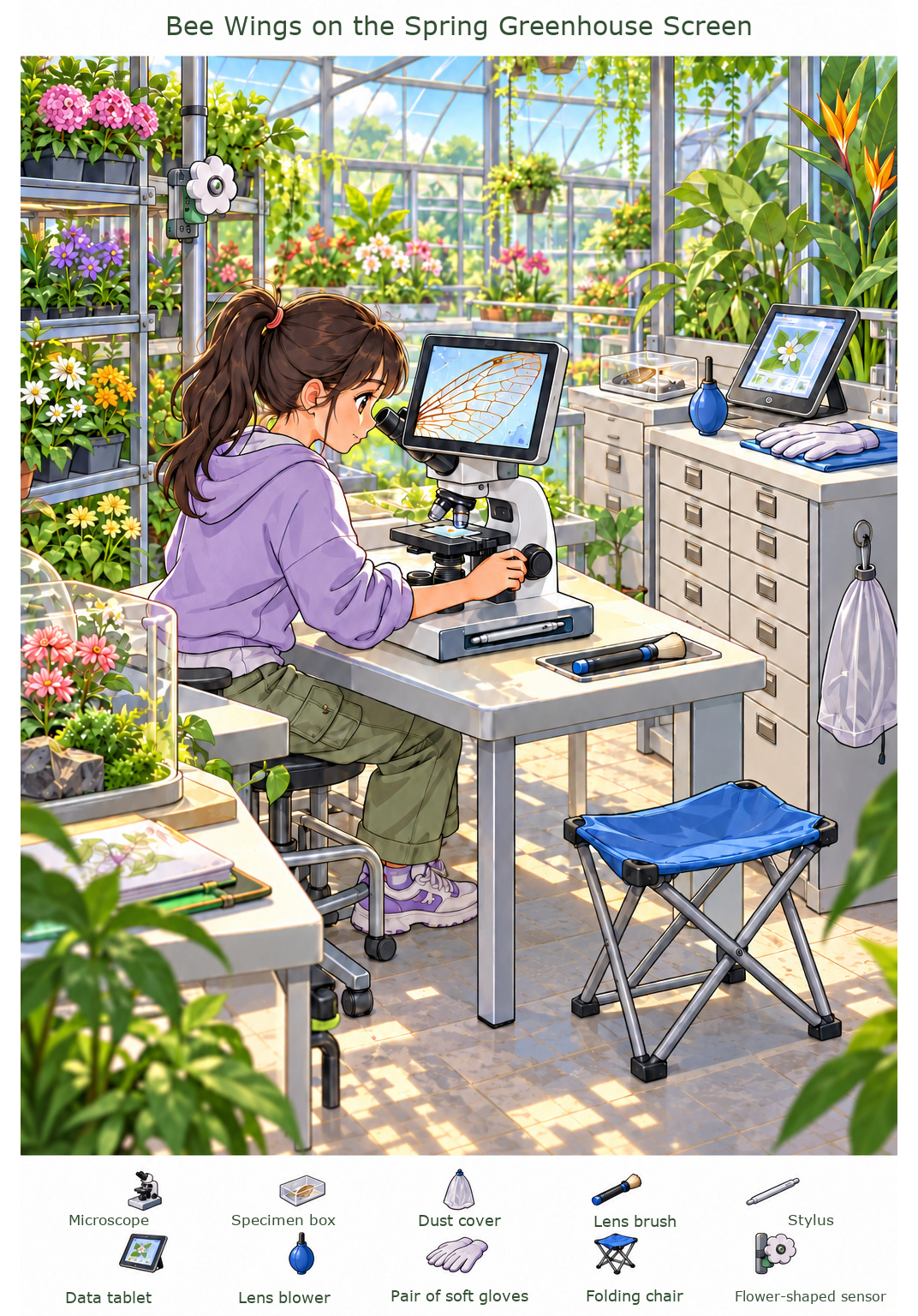 Bee Wings on the Spring Greenhouse Screen – full-color hidden picture puzzle with 10 objects to find
