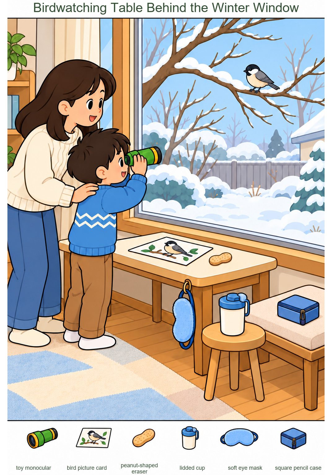 Birdwatching Table Behind the Winter Window – full-color hidden picture puzzle with 6 objects to find