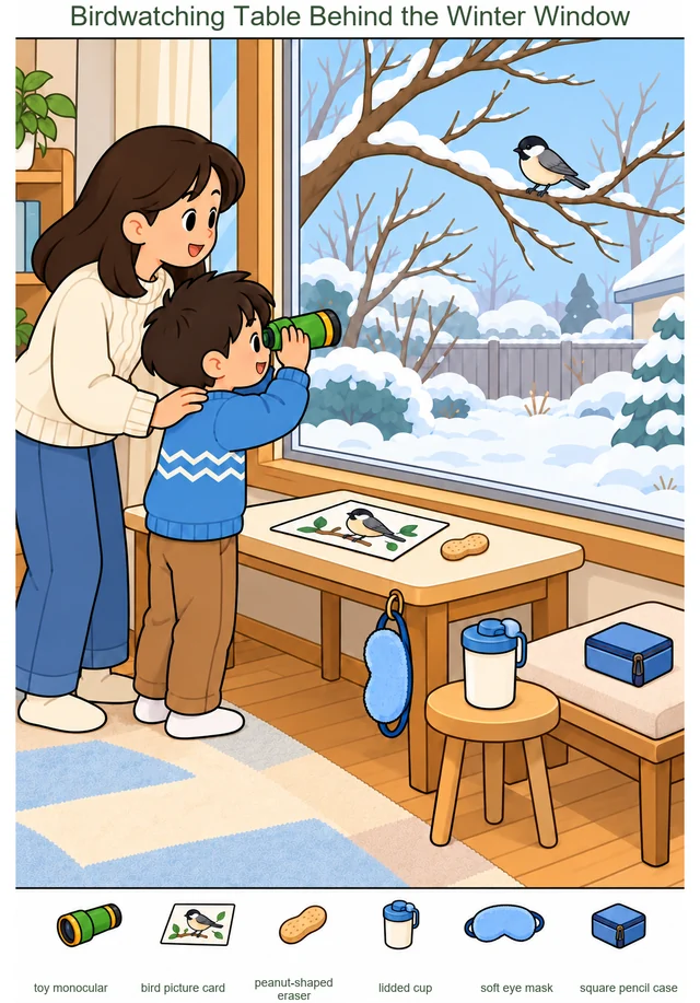 Birdwatching Table Behind the Winter Window colorful hidden picture puzzle preview