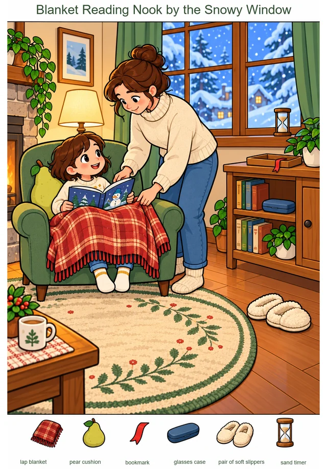 Blanket Reading Nook by the Snowy Window colorful hidden picture puzzle preview