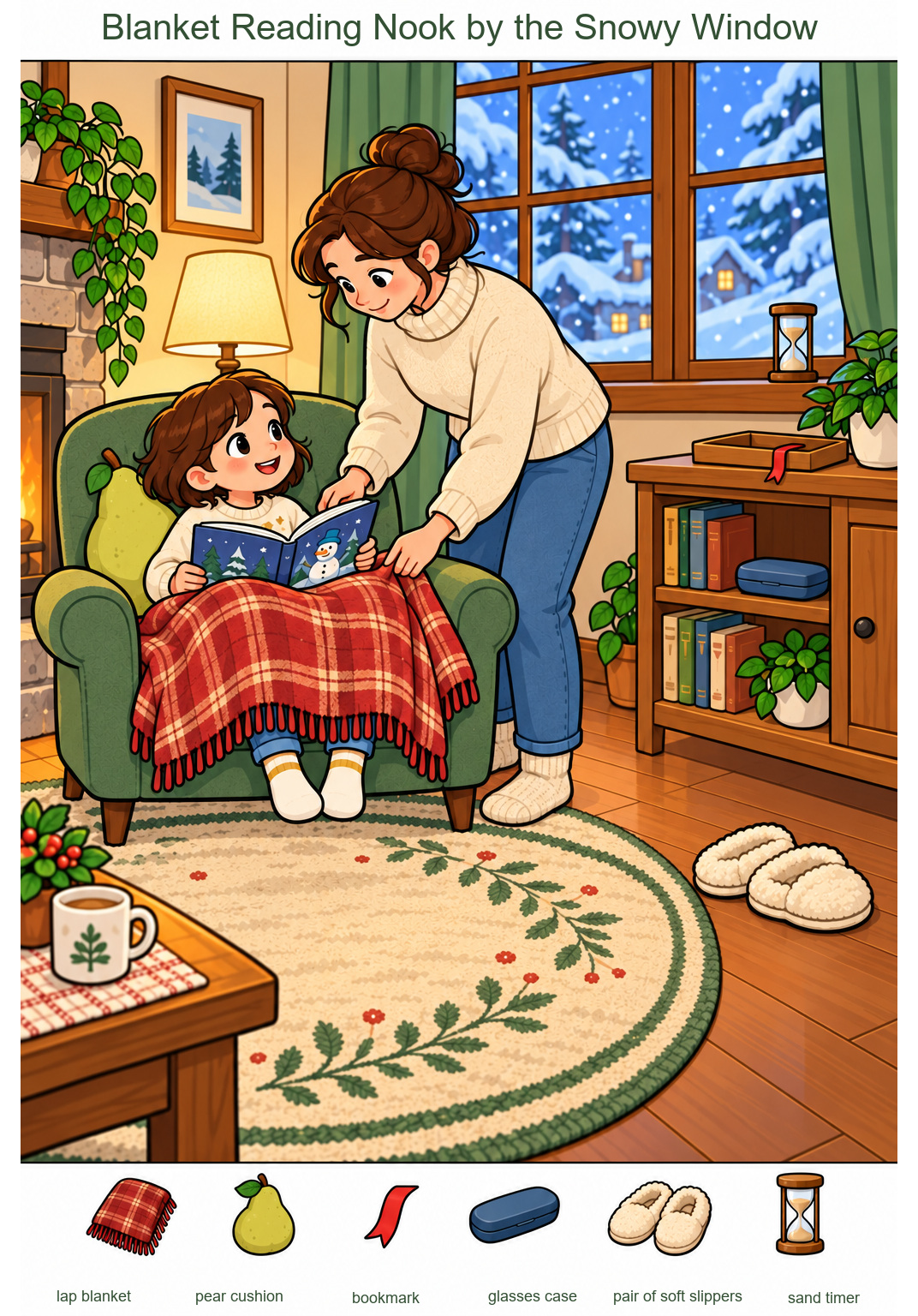 Blanket Reading Nook by the Snowy Window – full-color hidden picture puzzle with 6 objects to find