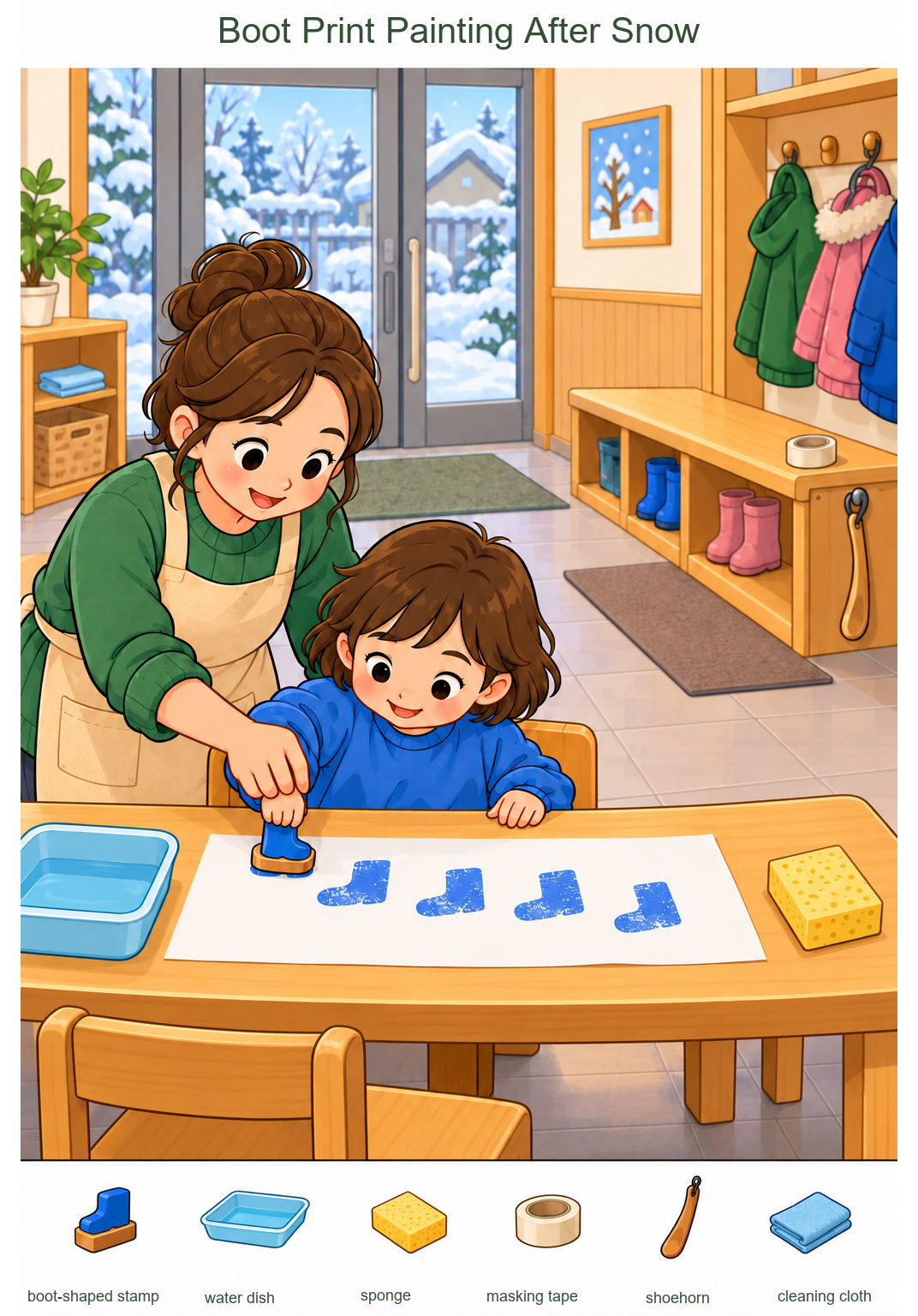 Boot Print Painting After Snow – full-color hidden picture puzzle with 6 objects to find