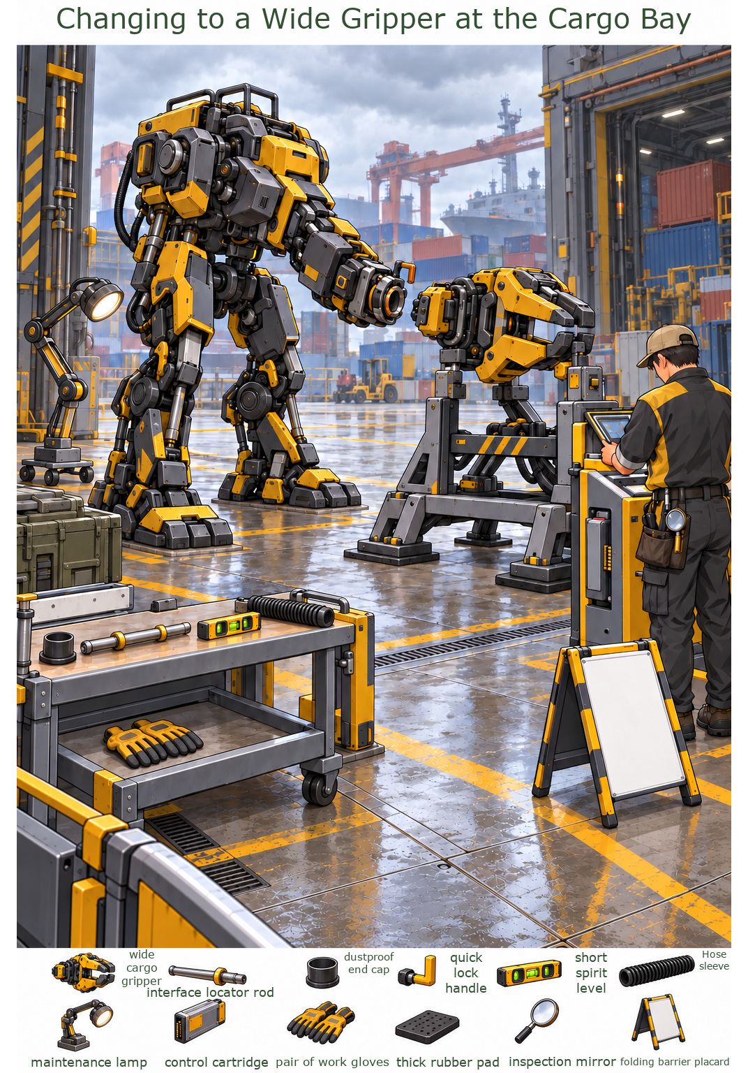 Changing to a Wide Gripper at the Cargo Bay – full-color hidden picture puzzle with 12 objects to find