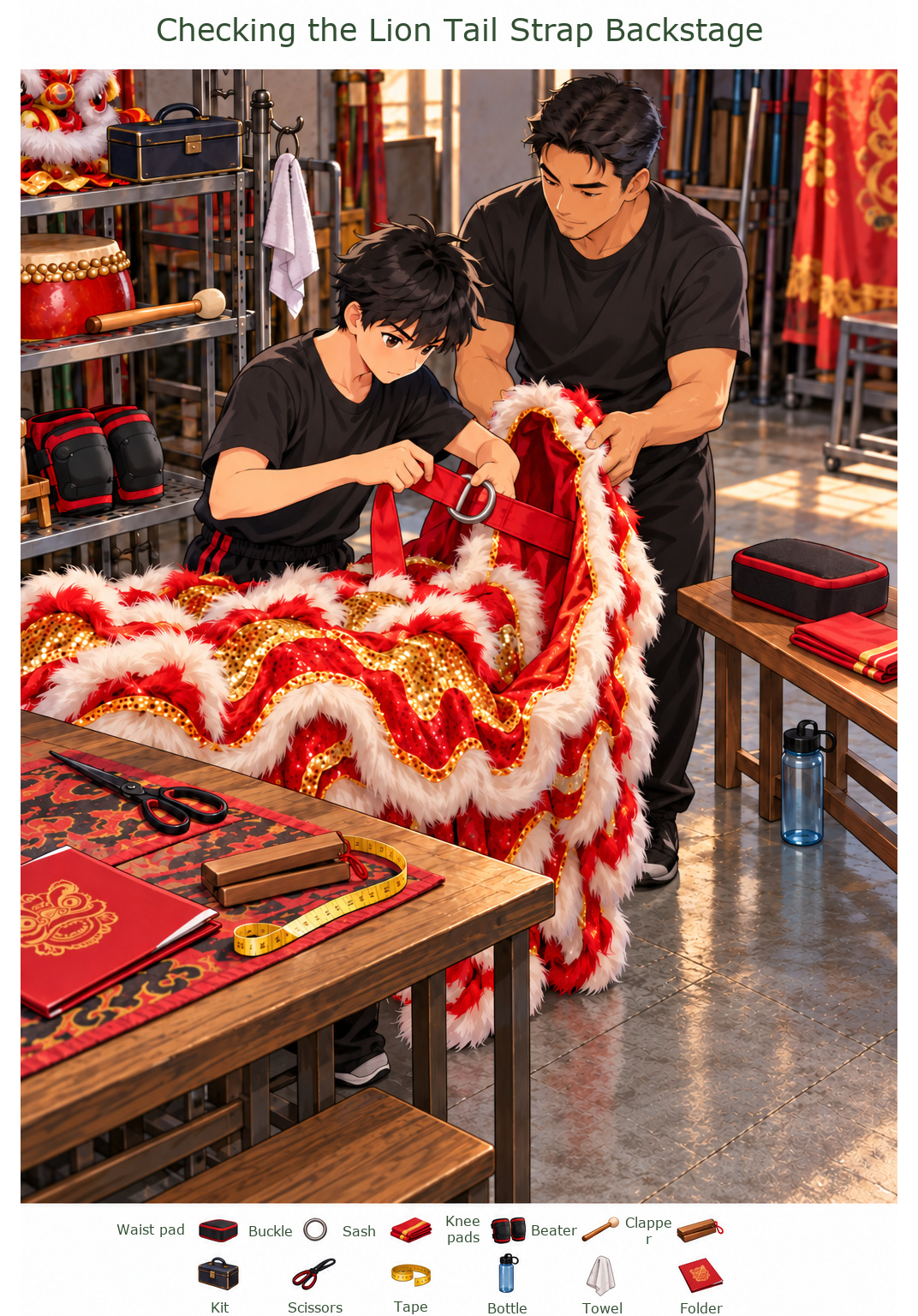 Checking the Lion Tail Strap Backstage – full-color hidden picture puzzle with 12 objects to find