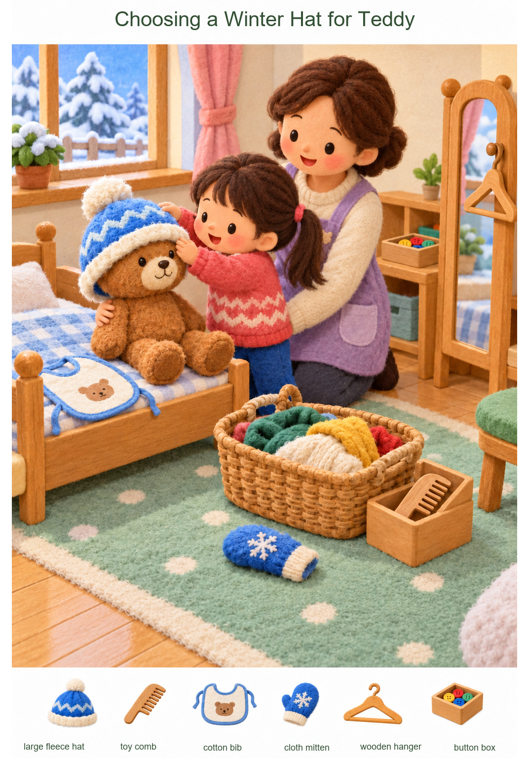 Choosing a Winter Hat for Teddy – full-color hidden picture puzzle with 6 objects to find