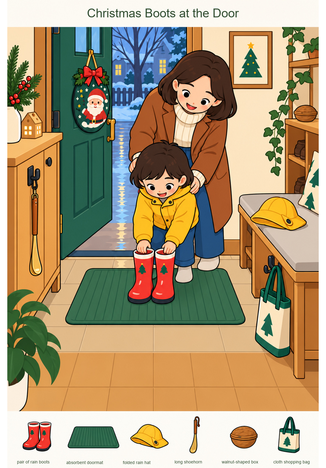 Christmas Boots at the Door – full-color hidden picture puzzle with 6 objects to find