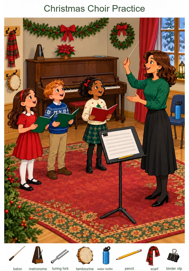 Christmas Carol Rehearsal in the Community Music Room colorful hidden picture puzzle preview