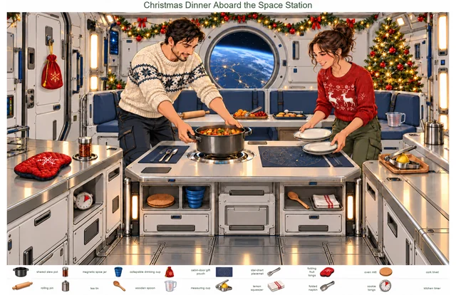 Christmas Dinner Aboard the Space Station colorful hidden picture puzzle preview