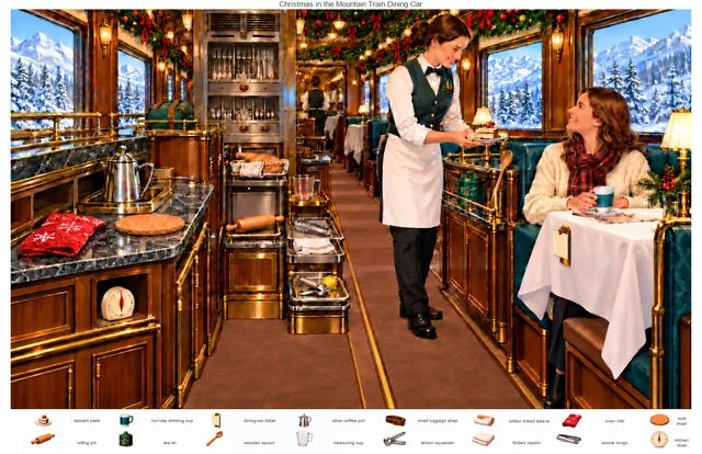 Christmas in the Mountain Train Dining Car colorful hidden picture puzzle preview