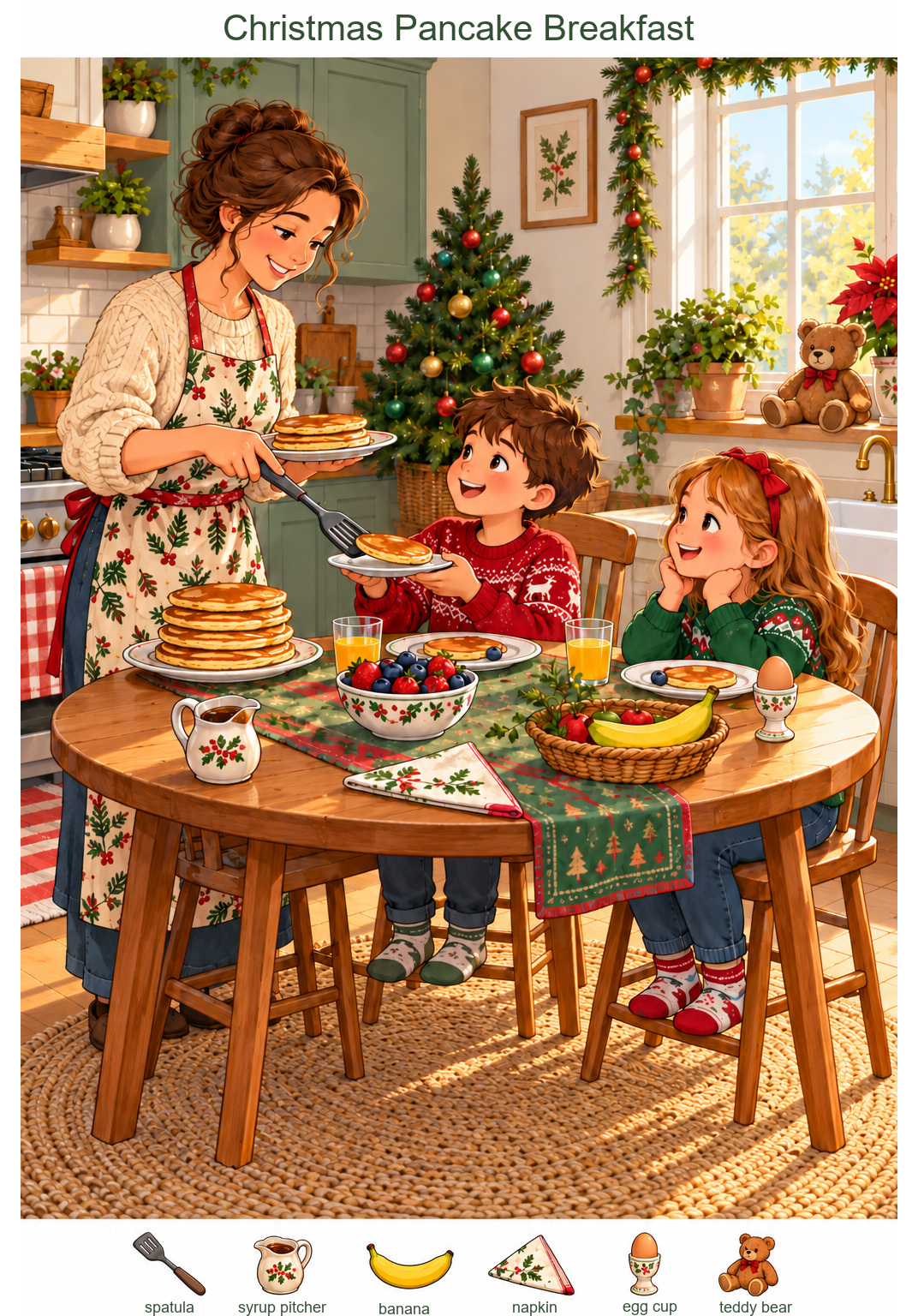 Christmas Pancake Breakfast at Home – full-color hidden picture puzzle with 6 objects to find