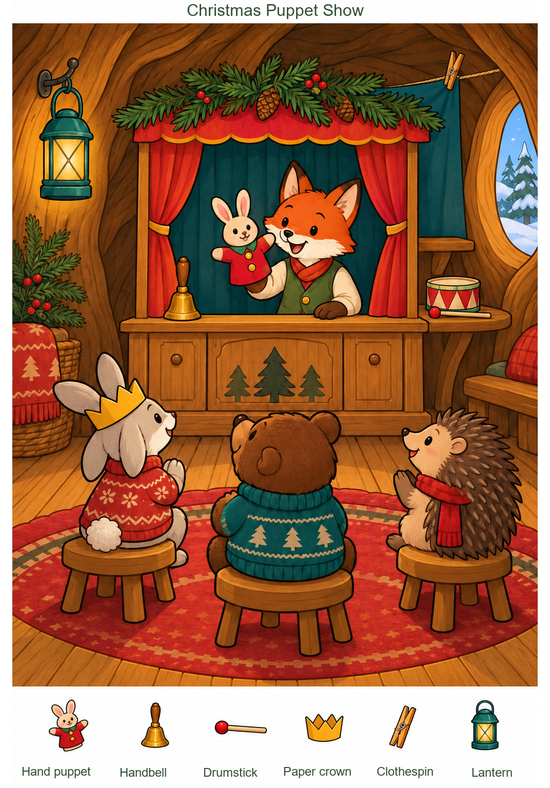 Christmas Puppet Show in the Hollow Tree – full-color hidden picture puzzle with 6 objects to find