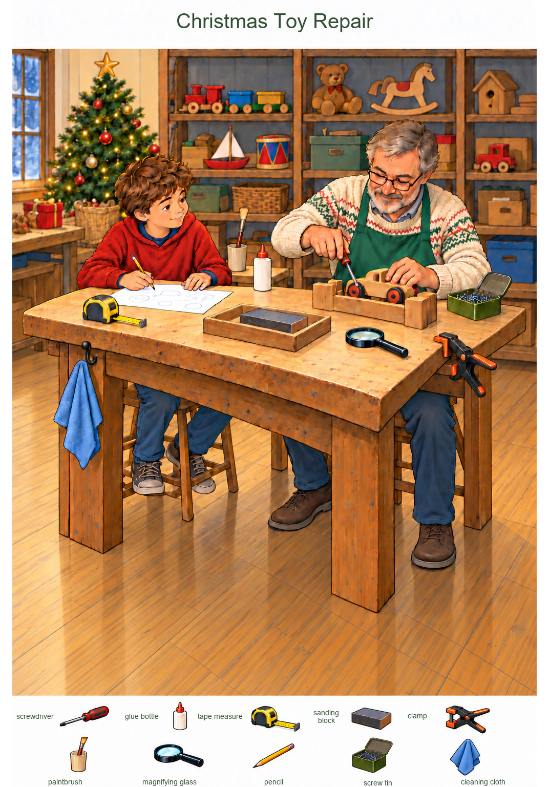 Christmas Toy Repair at the Community Fix-It Table – full-color hidden picture puzzle with 10 objects to find