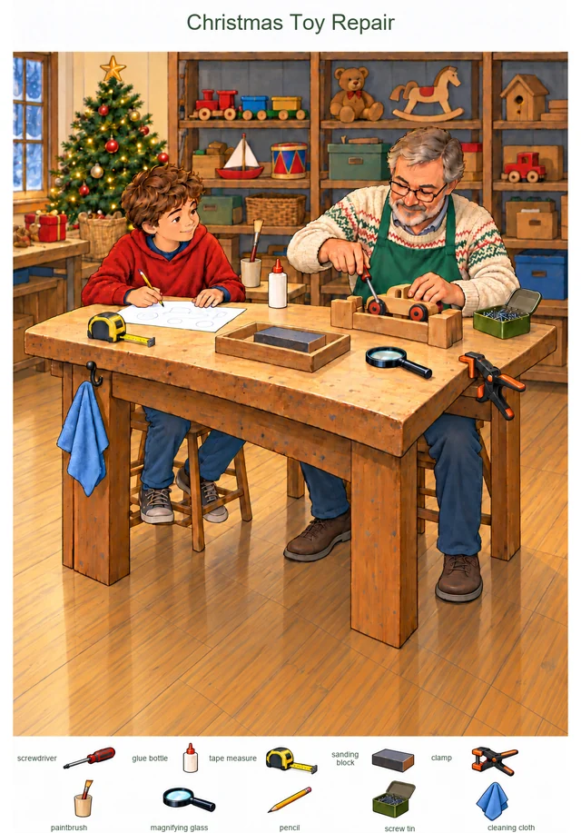 Christmas Toy Repair at the Community Fix-It Table colorful hidden picture puzzle preview