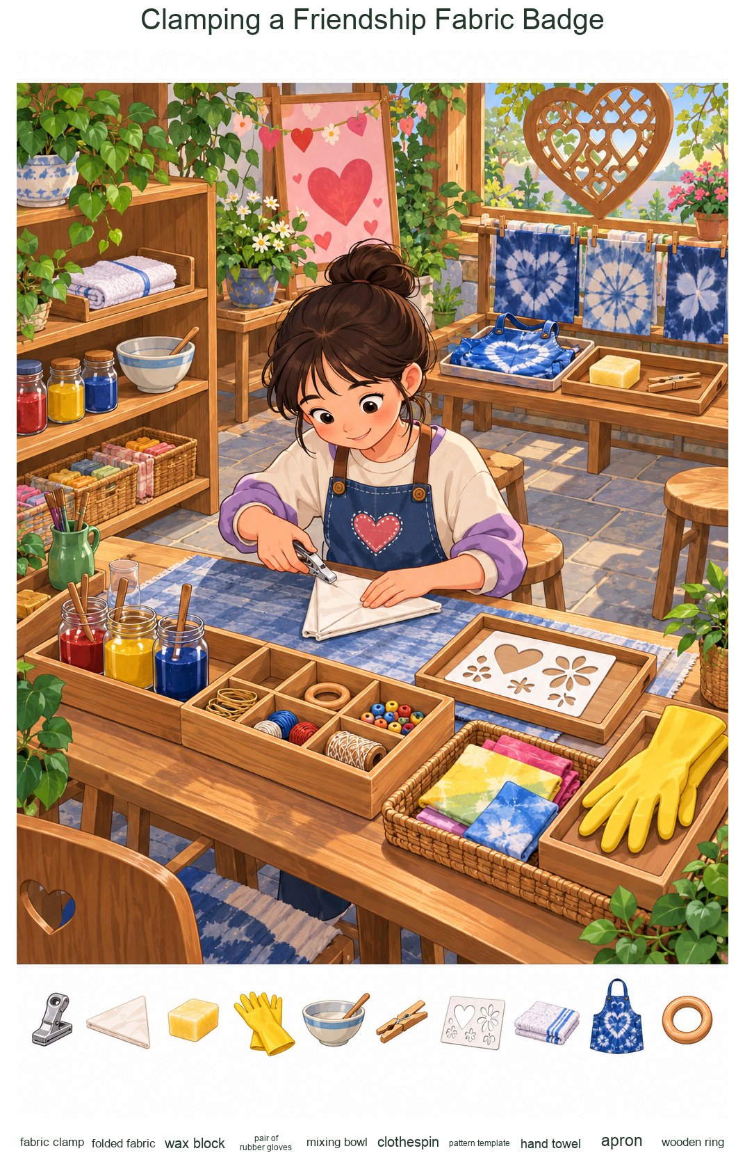 Clamping a Friendship Fabric Badge – full-color hidden picture puzzle with 10 objects to find