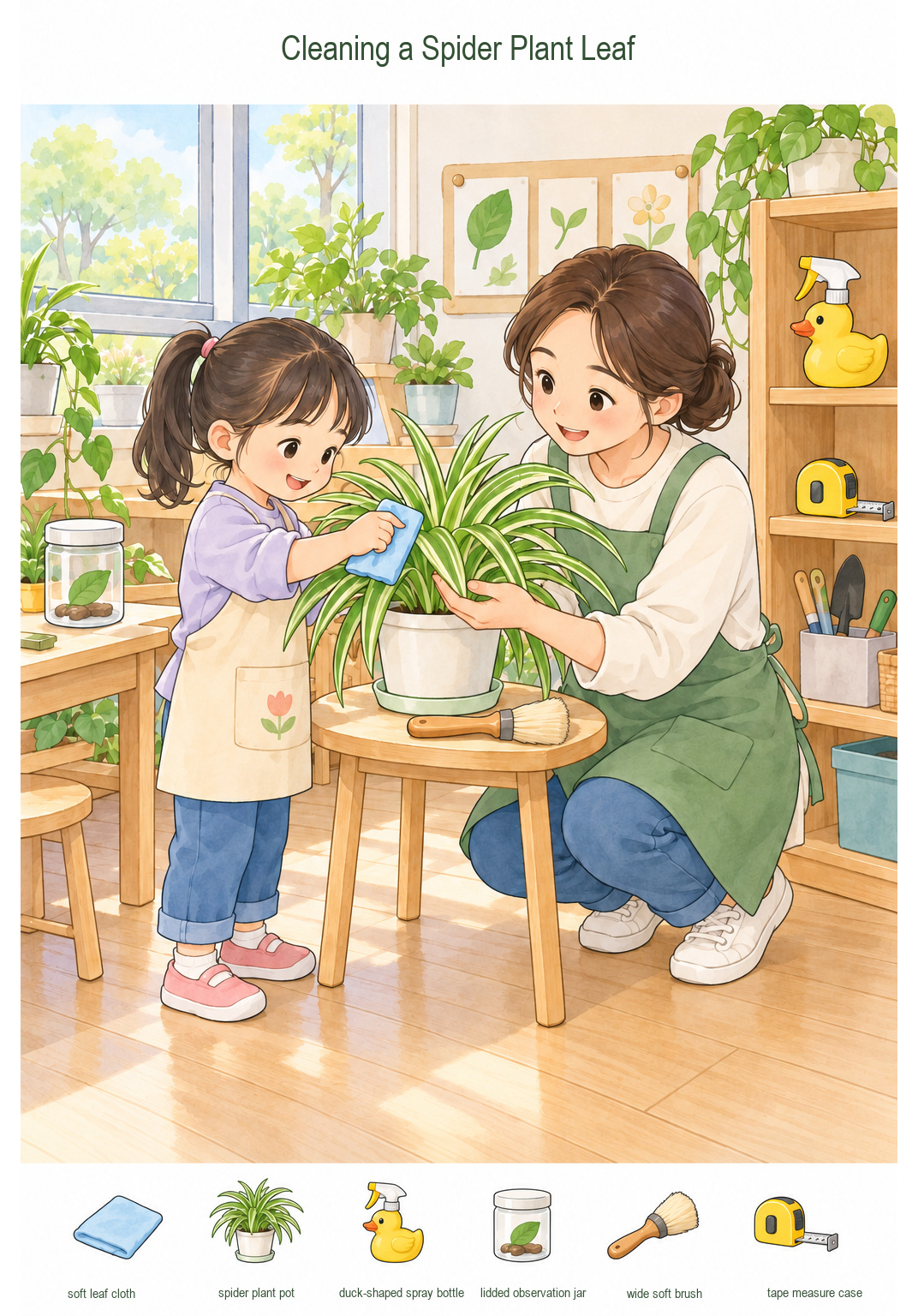 Cleaning a Spider Plant Leaf – full-color hidden picture puzzle with 6 objects to find