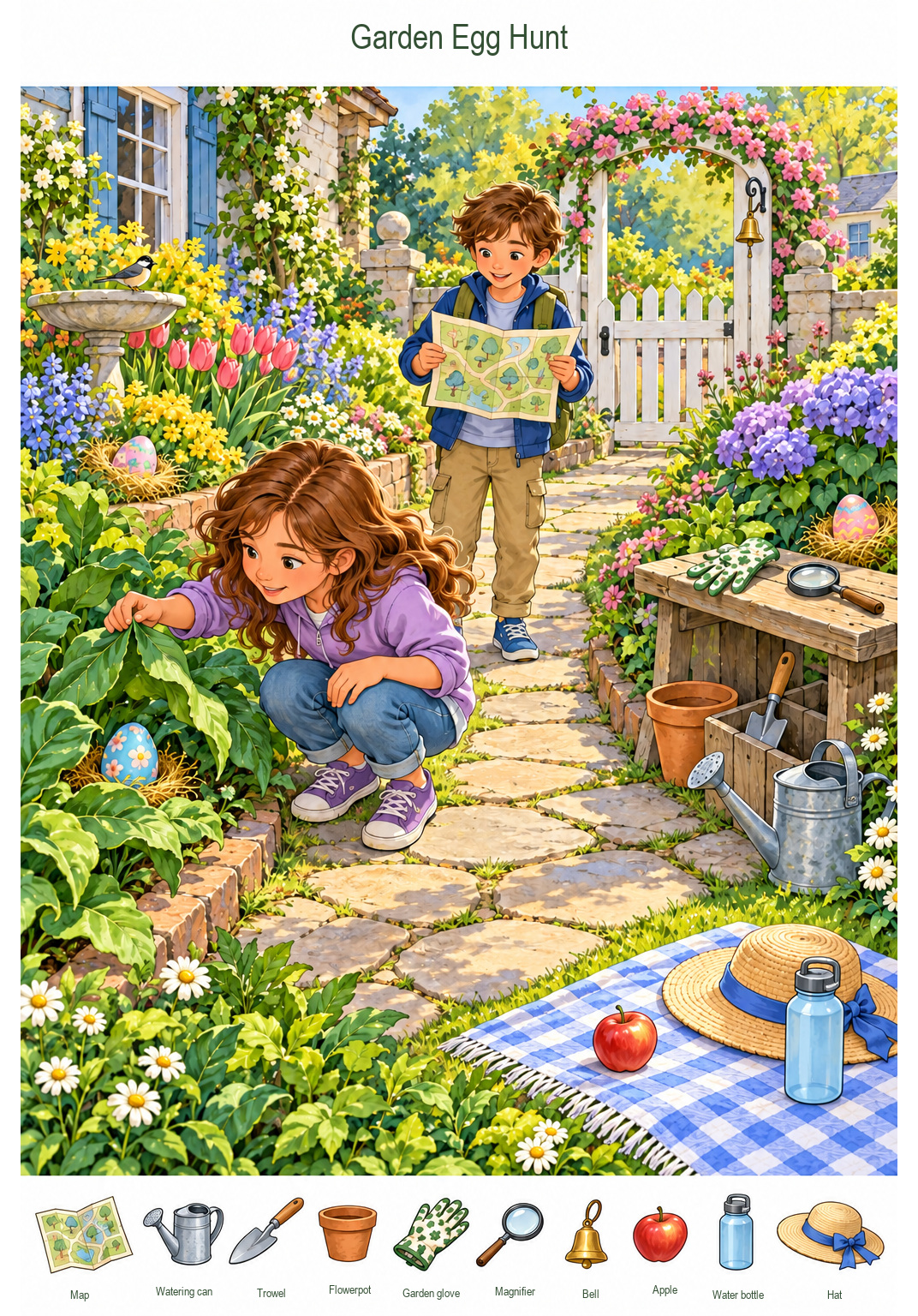 Clues along the Easter Garden Path – full-color hidden picture puzzle with 10 objects to find