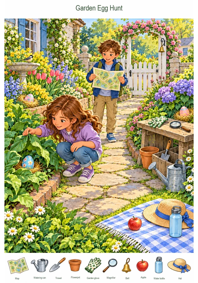 Clues along the Easter Garden Path colorful hidden picture puzzle preview