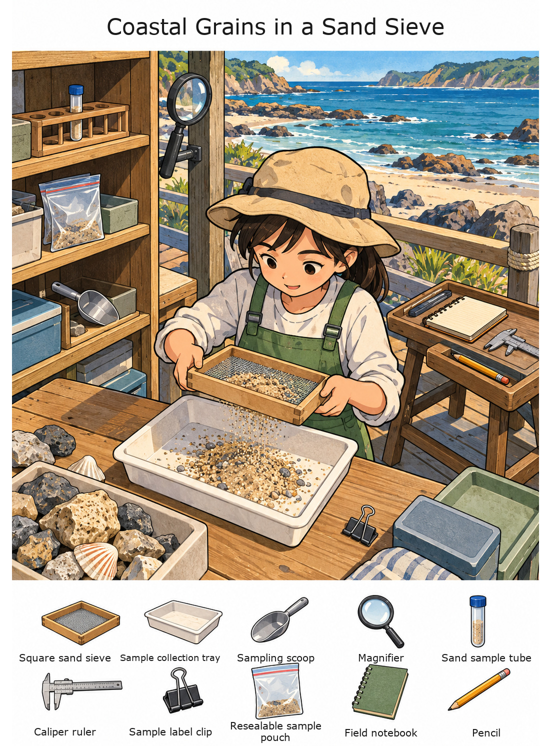 Coastal Grains in a Sand Sieve – full-color hidden picture puzzle with 10 objects to find