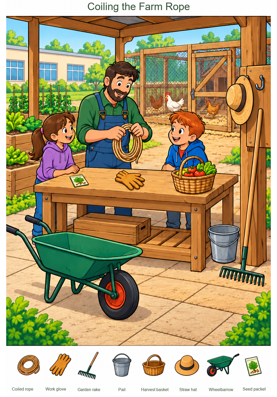 Coiling the Farm Rope – full-color hidden picture puzzle with 8 objects to find
