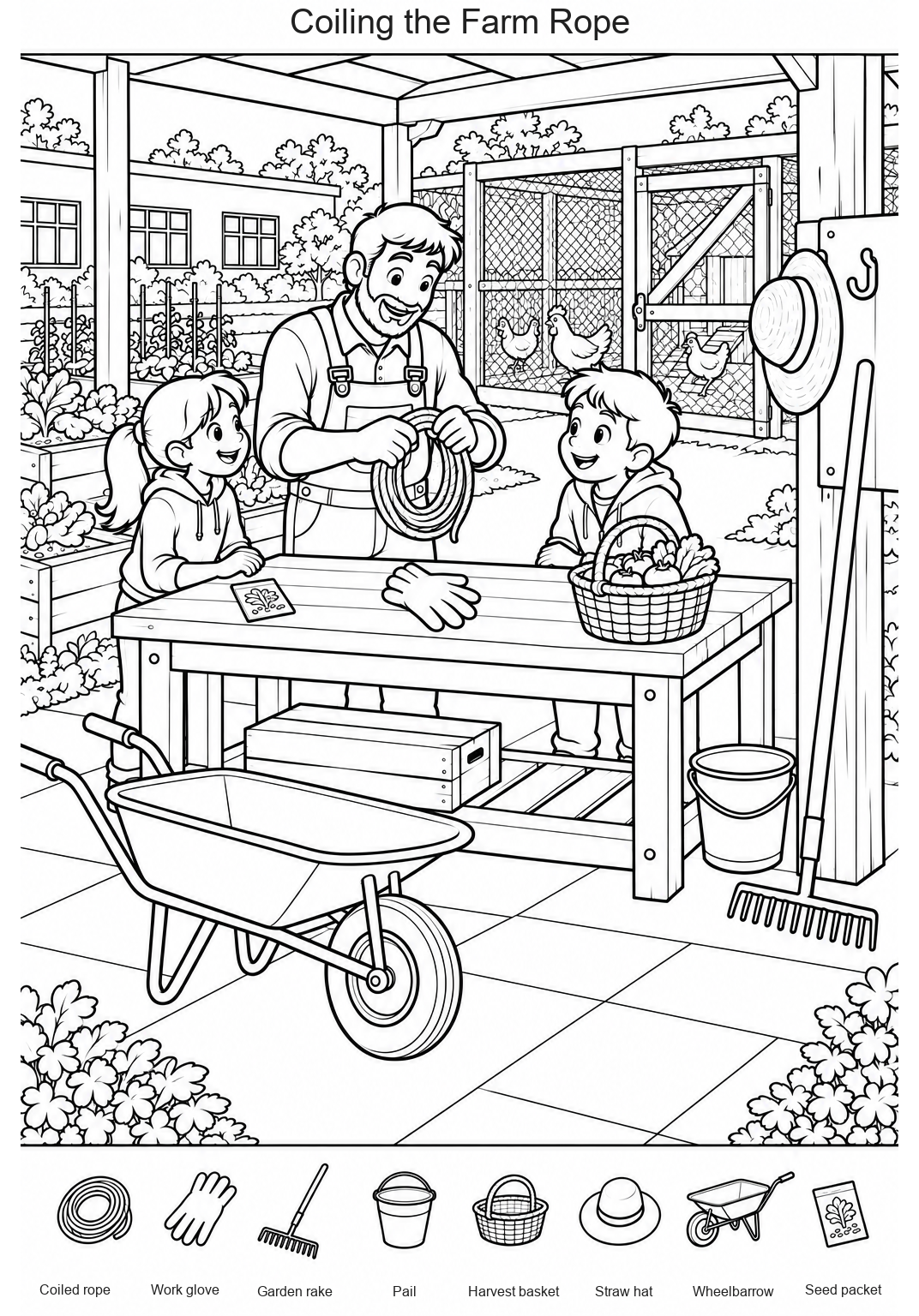 Coiling the Farm Rope black-and-white printable coloring page