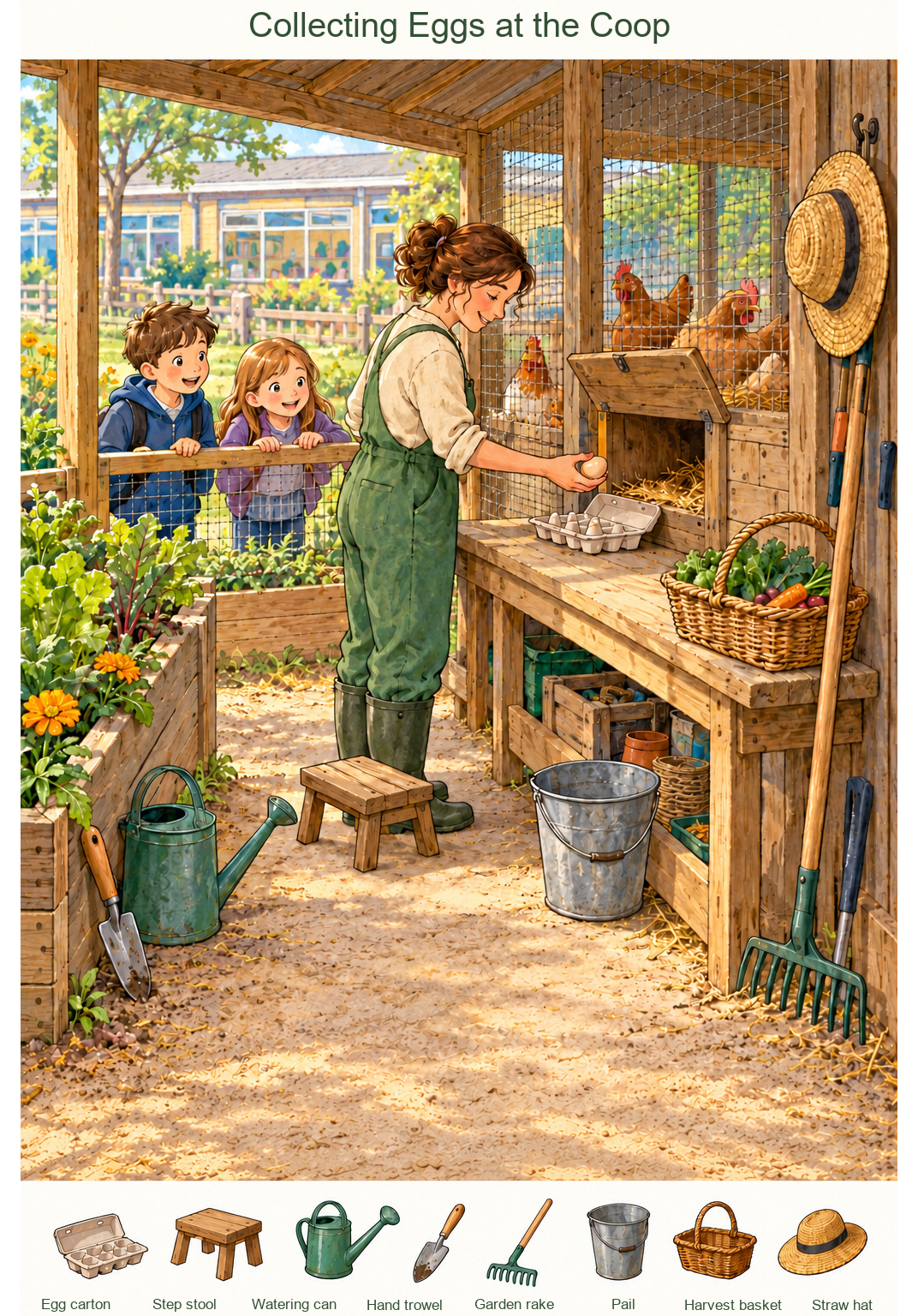 Collecting Eggs at the Coop – full-color hidden picture puzzle with 8 objects to find