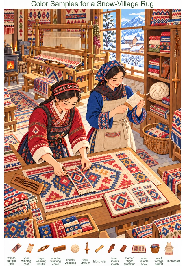 Color Samples for a Snow-Village Rug colorful hidden picture puzzle preview
